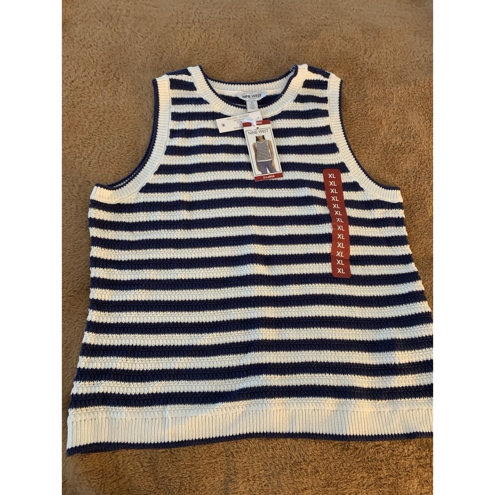 Nine West Women's Regular Fit XL Crochet Tank Top Navy White Stripe NWT
